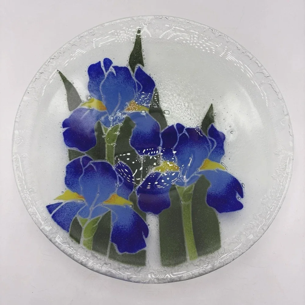 Peggy Karr Fused Art Glass Blue Iris Flower Bowl 10.5